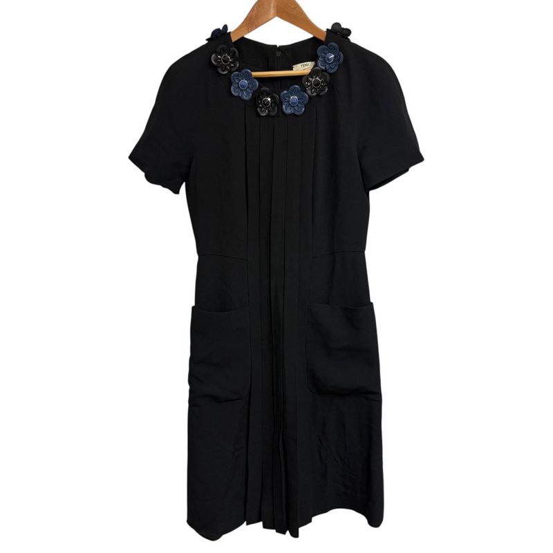 Fendi Flower Motif Decoration Short Sleeve Knee-Length Dress Size 40 Dark Navy