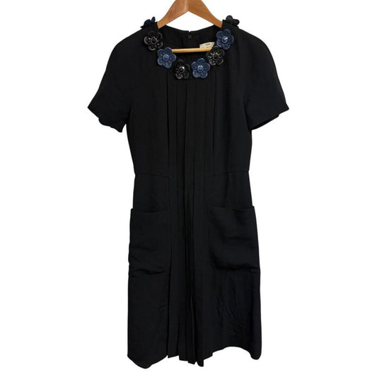 Fendi Flower Motif Decoration Short Sleeve Knee-Length Dress Size 40 Dark Navy