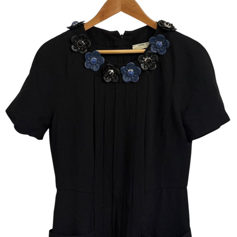 Fendi Flower Motif Decoration Short Sleeve Knee-Length Dress Size 40 Dark Navy