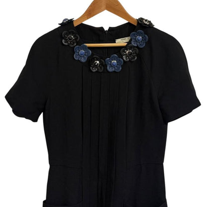 Fendi Flower Motif Decoration Short Sleeve Knee-Length Dress Size 40 Dark Navy