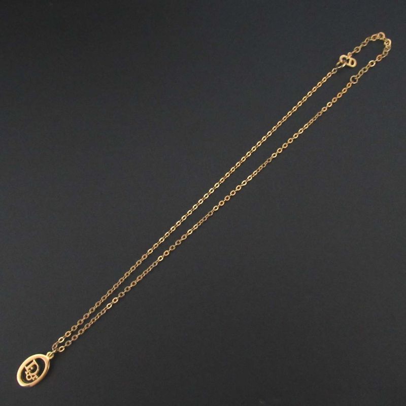 Christian Dior Oval Logo Necklace GP Gold Color Ladies Used