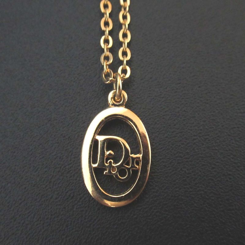 Christian Dior Oval Logo Necklace GP Gold Color Ladies Used