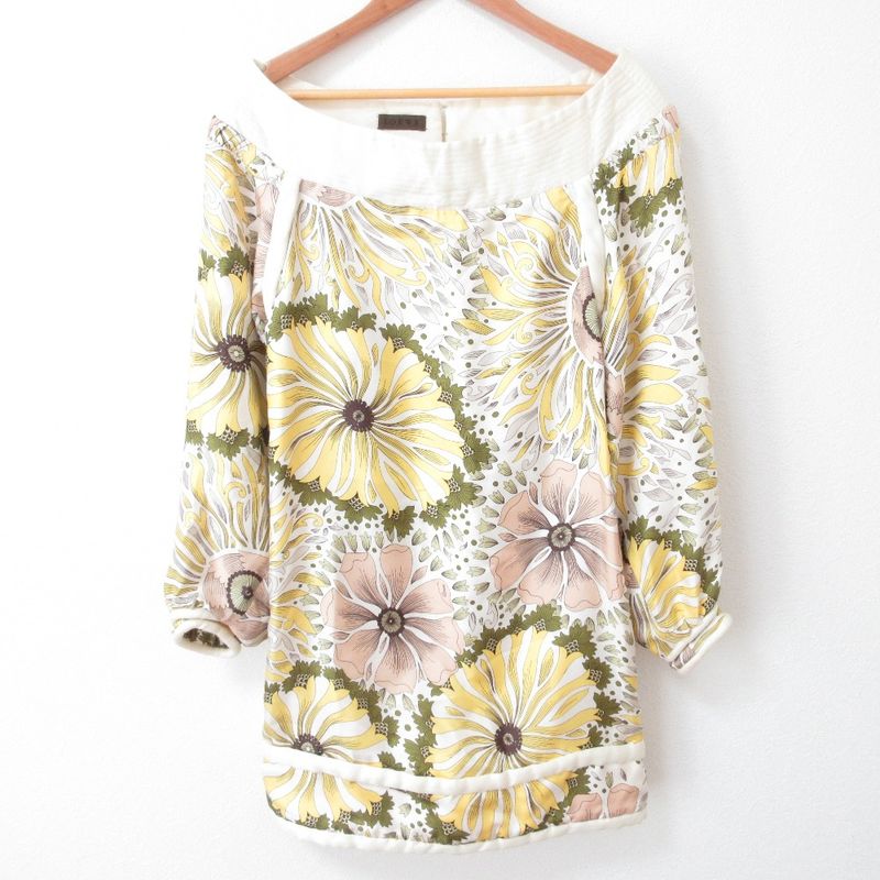 Good Loewe Flower Print Silk Off Shoulder Long Sleeve Knee Length Dress Size 38