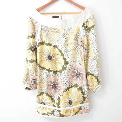 Good Loewe Flower Print Silk Off Shoulder Long Sleeve Knee Length Dress Size 38