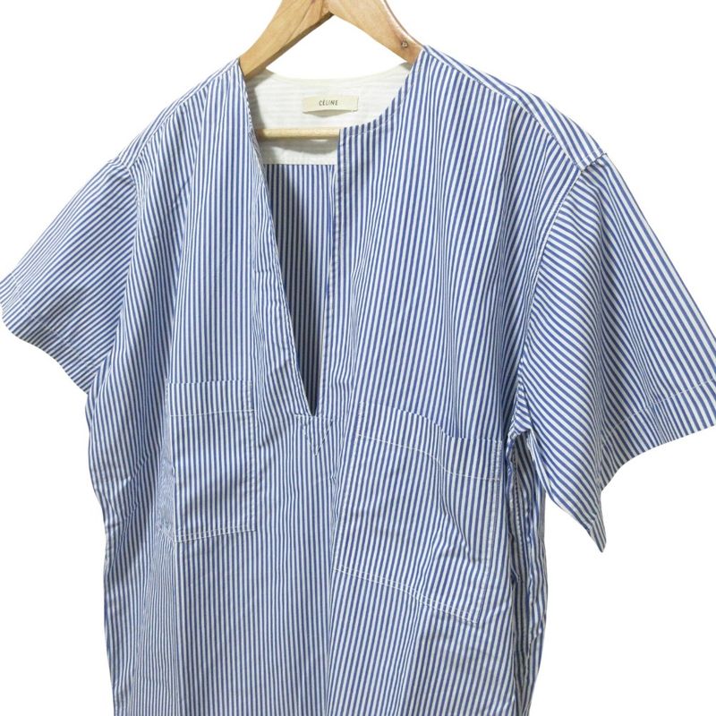 Good Celine Phoebe Period Knee Length Short Sleeves Slit Neck Striped Dress XS