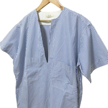 Good Celine Phoebe Period Knee Length Short Sleeves Slit Neck Striped Dress XS