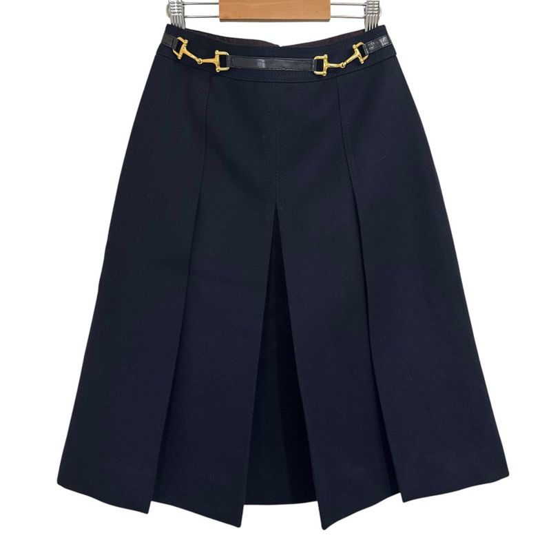 Good Celine Vintage Horsebit Hardware Knee Length Pleated Skirt Navy Women's