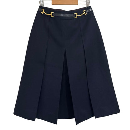 Good Celine Vintage Horsebit Hardware Knee Length Pleated Skirt Navy Women's