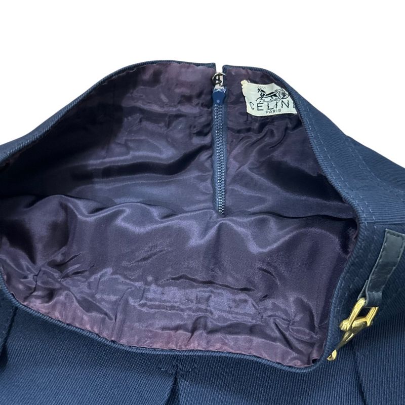 Good Celine Vintage Horsebit Hardware Knee Length Pleated Skirt Navy Women's