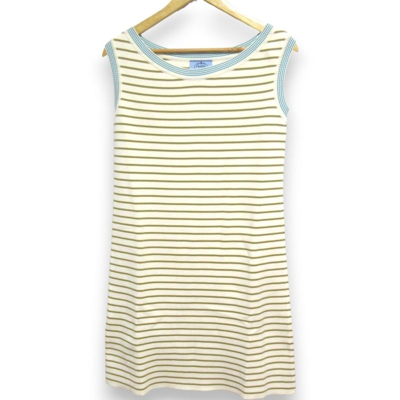 Prada Striped Knit Sleeveless Knee Length Mini Dress Size 42 Ivory X Green