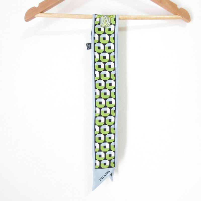 Good Prada Printed Silk Slim Scarf 1ff008 Light Blue Women Used