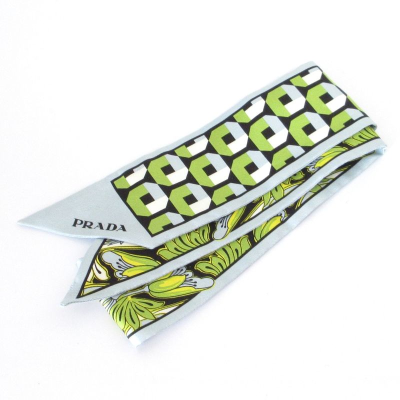 Good Prada Printed Silk Slim Scarf 1ff008 Light Blue Women Used
