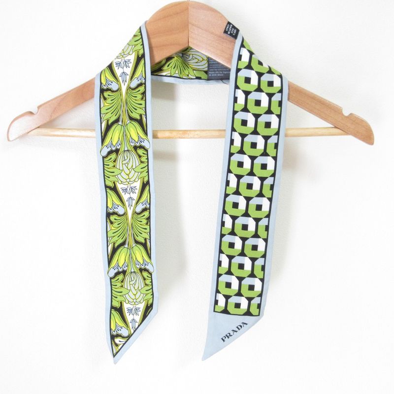 Good Prada Printed Silk Slim Scarf 1ff008 Light Blue Women Used