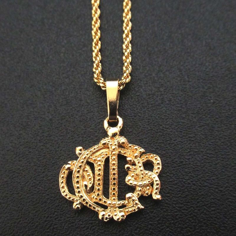 Christian DIOR Emblem Logo Necklace Pendant GP Gold Color Women's Used
