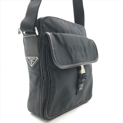 Prada Nylon Tessuto Leather Logo Triangle Shoulder Bag Black