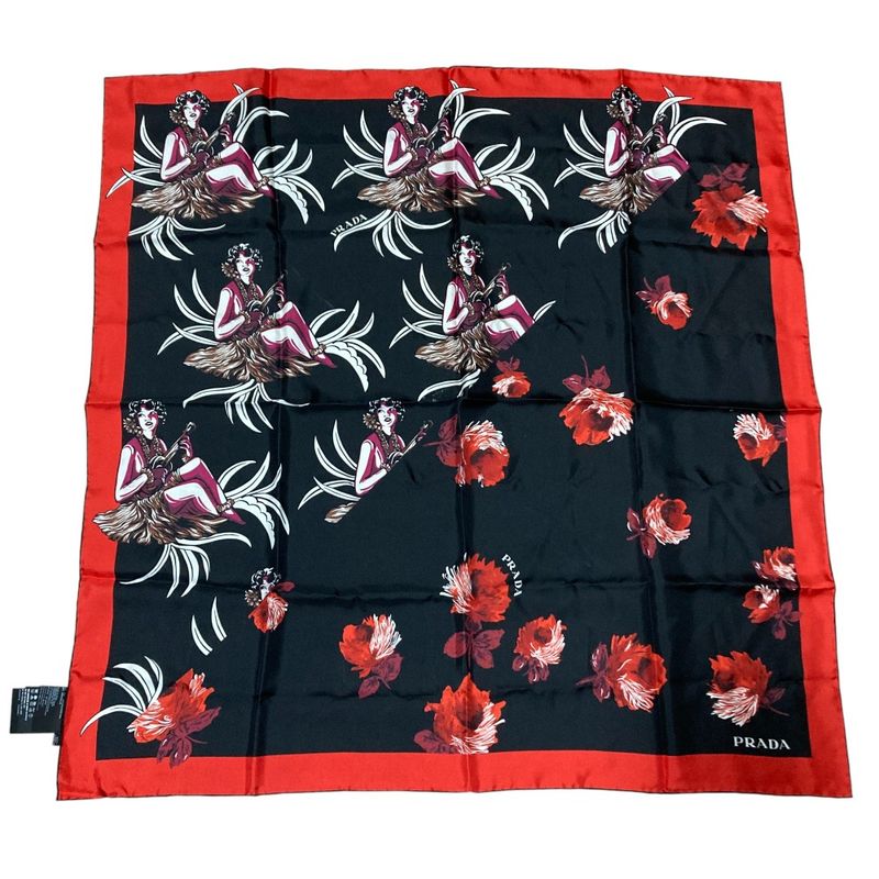 Prada Aloha Print Large Silk Scarf Black Ladies Used