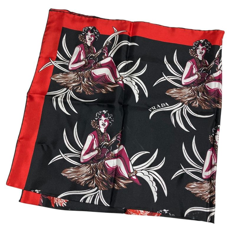 Prada Aloha Print Large Silk Scarf Black Ladies Used