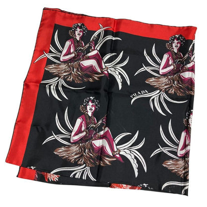 Prada Aloha Print Large Silk Scarf Black Ladies Used