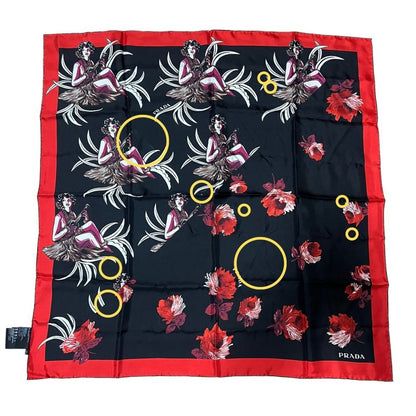 Prada Aloha Print Large Silk Scarf Black Ladies Used