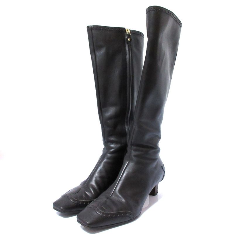 Louis Vuitton Leather Square Toe Side Zip Low Heel Long Boots Size 36 Approx