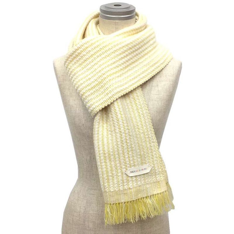 Hermes Leather Patch Scarf Wavy Double Face Cashmere Yellow Aq11539