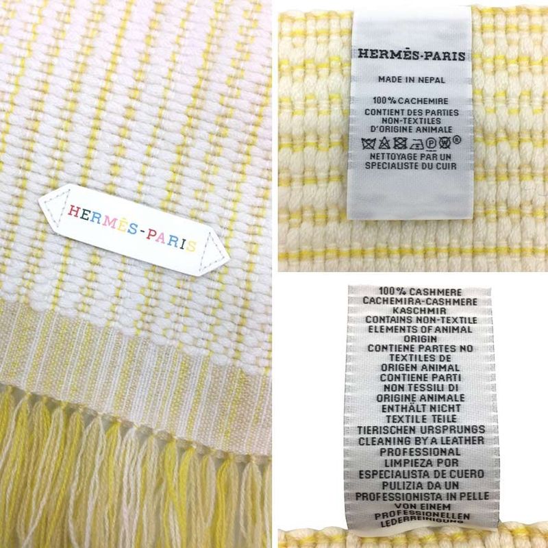 Hermes Leather Patch Scarf Wavy Double Face Cashmere Yellow Aq11539