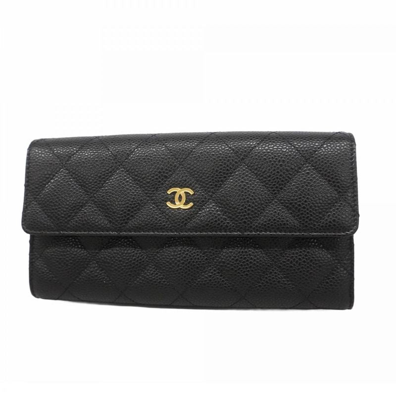 Chanel Long Wallet Matelasse Caviar Skin Black Gold Hardware Women