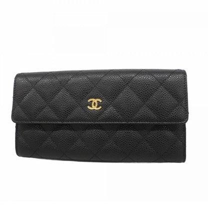 Chanel Long Wallet Matelasse Caviar Skin Black Gold Hardware Women
