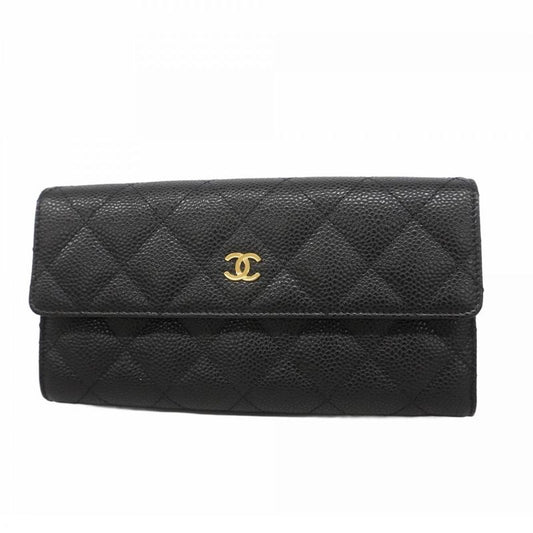 Chanel Long Wallet Matelasse Caviar Skin Black Gold Hardware Women