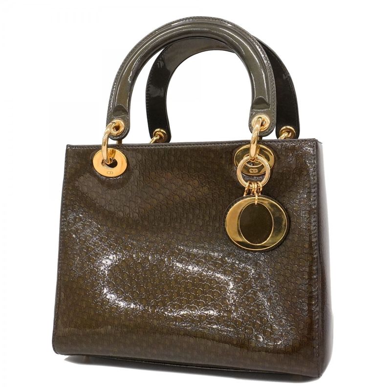 Christian Dior Handbag Lady Dior Enamel Brown Gold Hardware Women