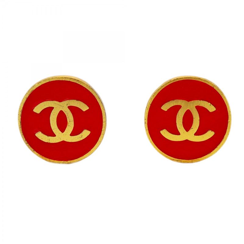 Chanel Earrings Coco Mark Round Shape Circle GP Plated Gold Red Ladies