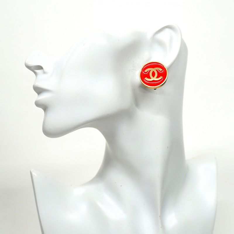 Chanel Earrings Coco Mark Round Shape Circle GP Plated Gold Red Ladies