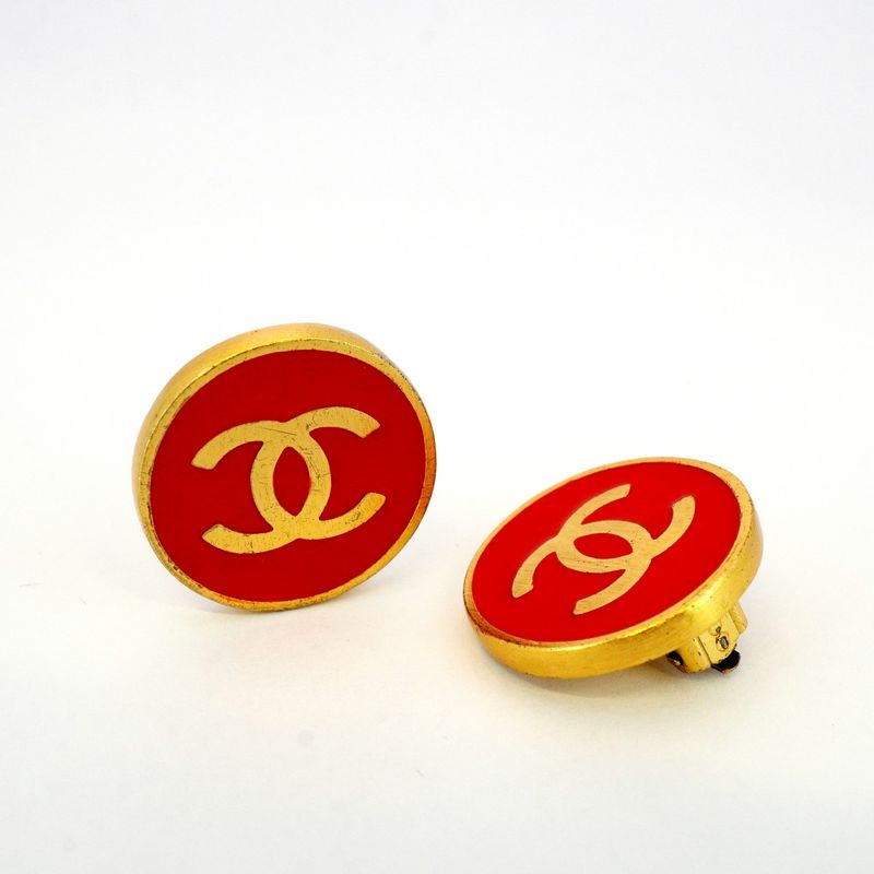 Chanel Earrings Coco Mark Round Shape Circle GP Plated Gold Red Ladies