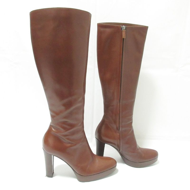 Good Celine Side Zip Leather Long Boots 36 About 23cm (9.06in) Brown Women's