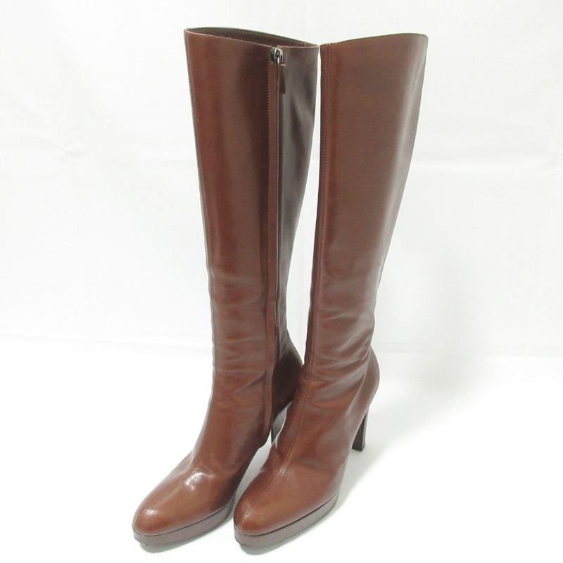 Good Celine Side Zip Leather Long Boots 36 About 23cm (9.06in) Brown Women's
