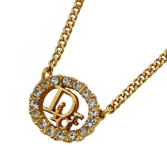 Christian Dior Necklace Dior Logo Oval GP Plated Rhinestone Gold Ladies