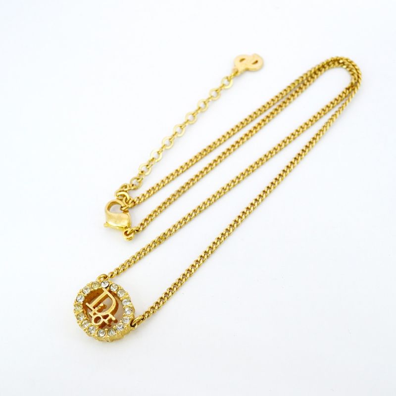 Christian Dior Necklace Dior Logo Oval GP Plated Rhinestone Gold Ladies