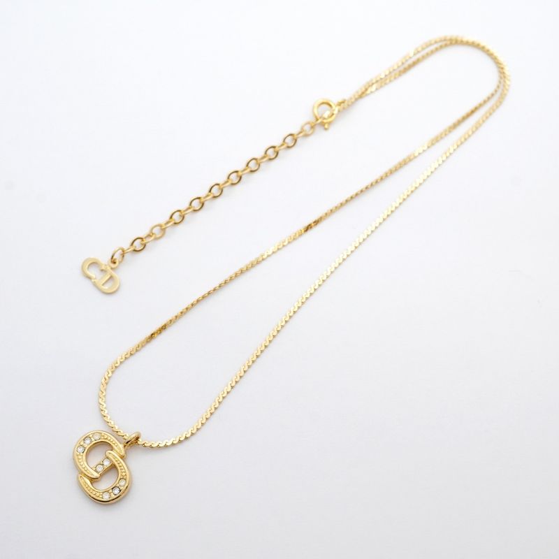 Christian Dior Necklace CD Logo GP Plated Rhinestone Gold Ladies