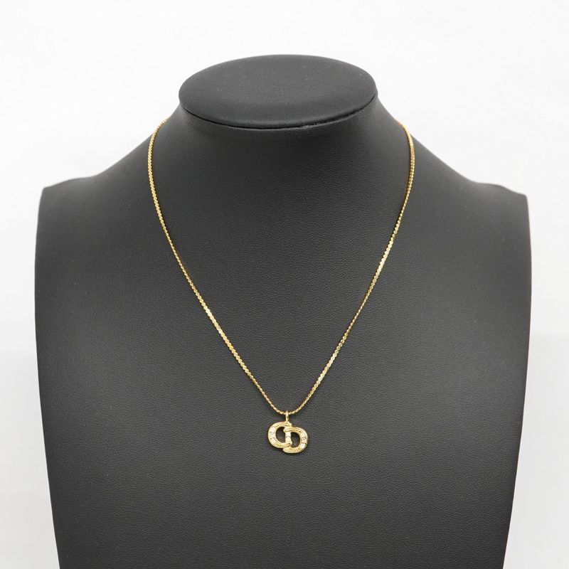 Christian Dior Necklace CD Logo GP Plated Rhinestone Gold Ladies