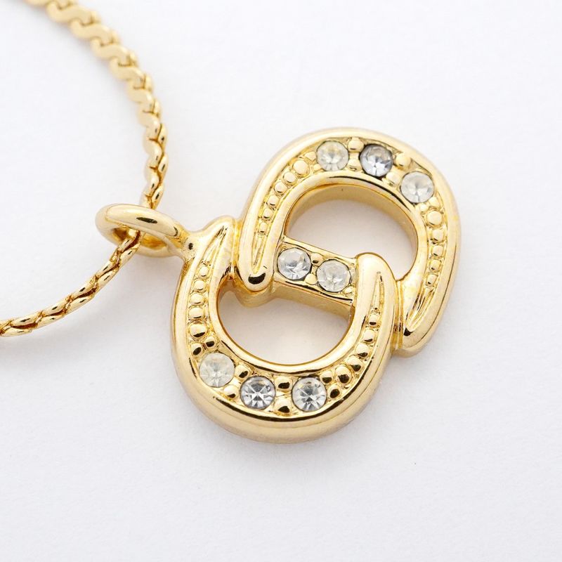 Christian Dior Necklace CD Logo GP Plated Rhinestone Gold Ladies
