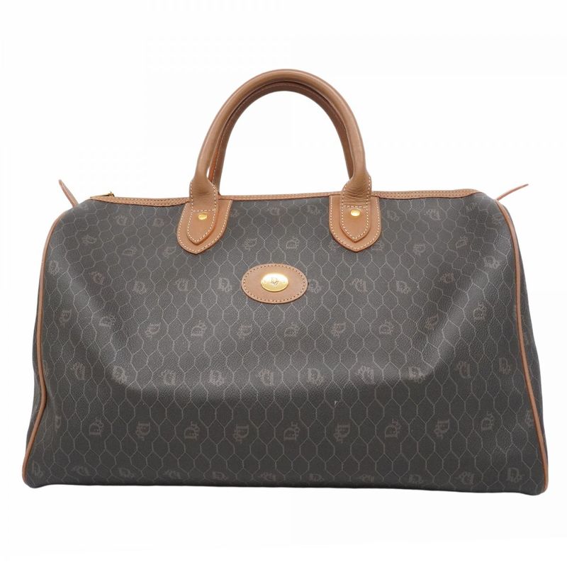 Christian Dior Boston Bag Honeycomb PVC Gray Brown Gold Hardware Men Women