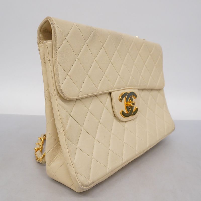 Chanel Shoulder Bag Deca Matelasse Lambskin Ivory Gold Hardware Women