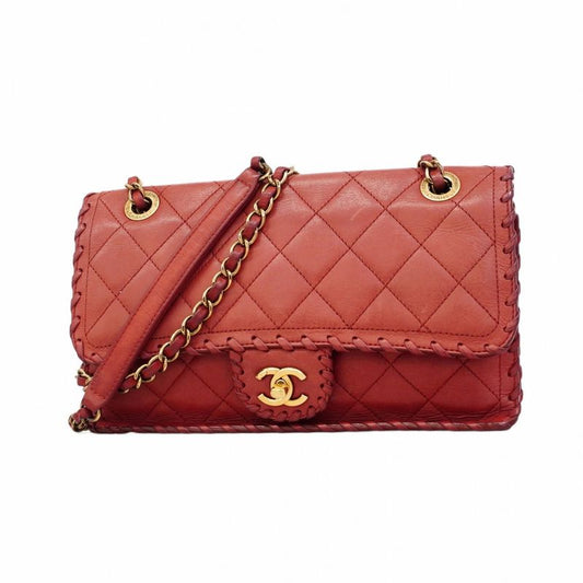 Chanel Shoulder Bag Matelasse Lambskin Red Gold Hardware Women
