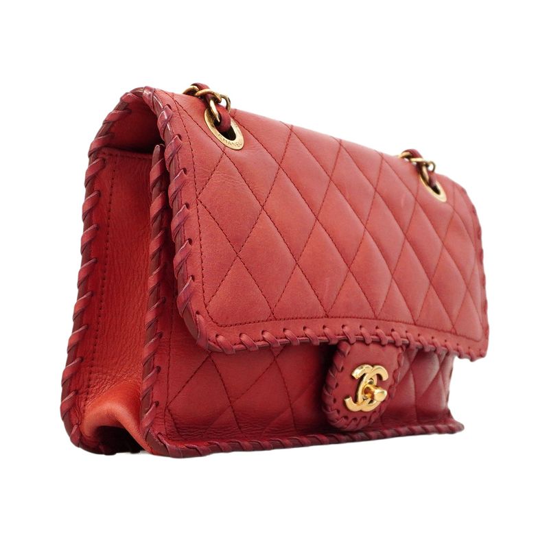 Chanel Shoulder Bag Matelasse Lambskin Red Gold Hardware Women