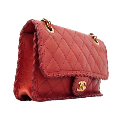 Chanel Shoulder Bag Matelasse Lambskin Red Gold Hardware Women