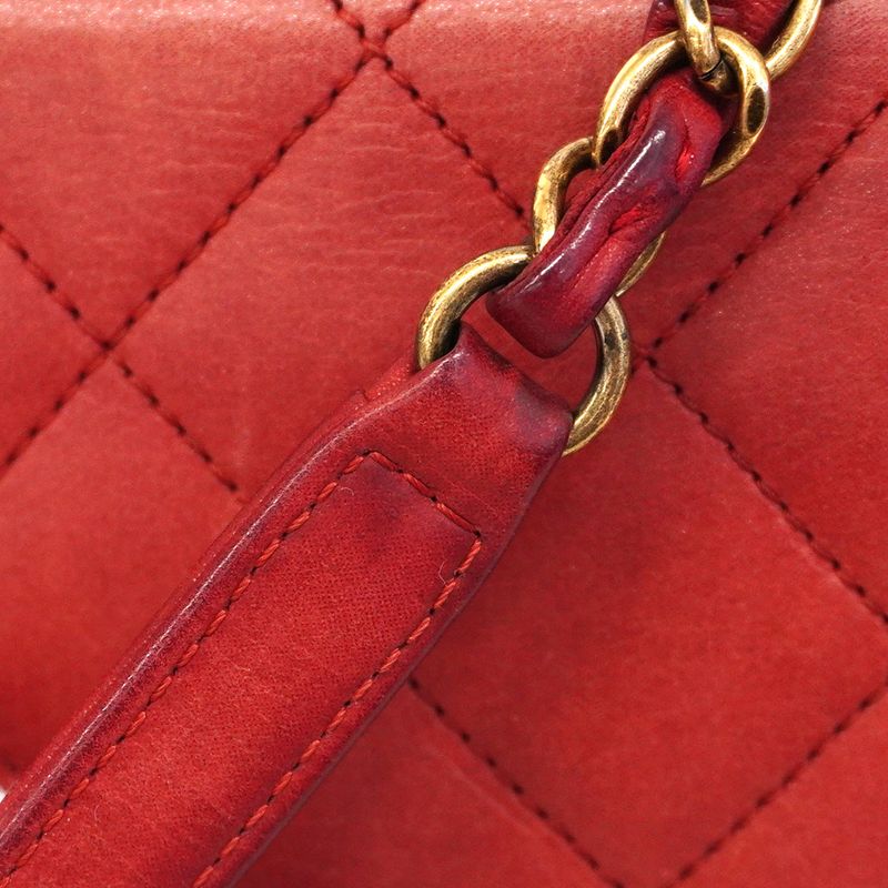 Chanel Shoulder Bag Matelasse Lambskin Red Gold Hardware Women