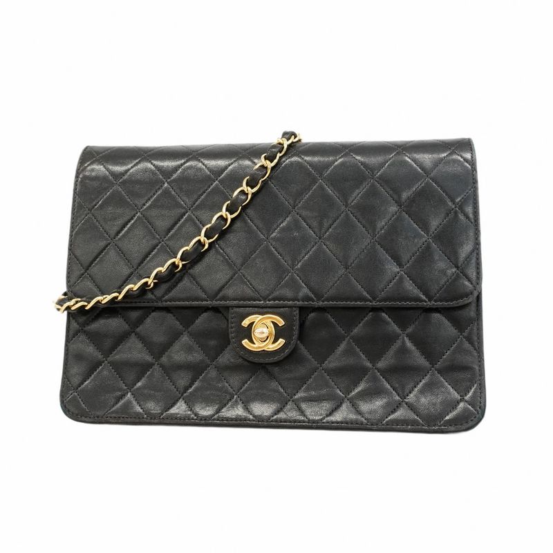 Chanel Shoulder Bag Matelasse Lambskin Black Gold Hardware Women
