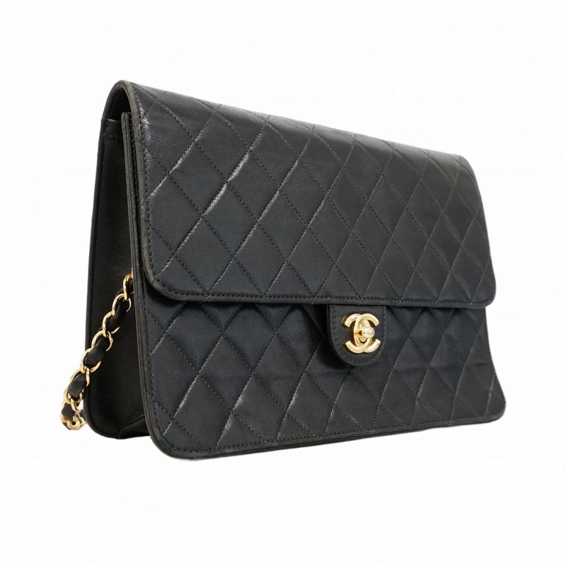 Chanel Shoulder Bag Matelasse Lambskin Black Gold Hardware Women