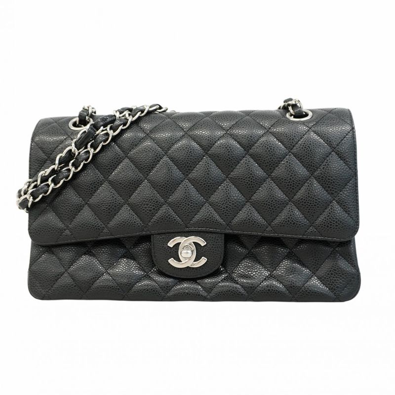 Chanel Shoulder Bag Matelasse Caviar Skin Black Silver Hardware Women