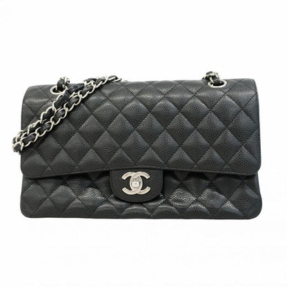 Chanel Shoulder Bag Matelasse Caviar Skin Black Silver Hardware Women